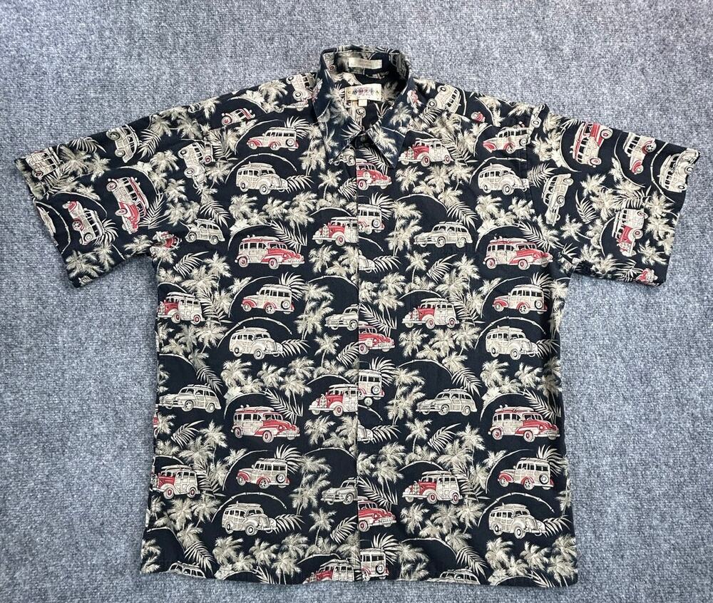 Vintage 90s Campia Aloha Shirt Men's L Made Korea Woody Wagon Hawaiian Cotton